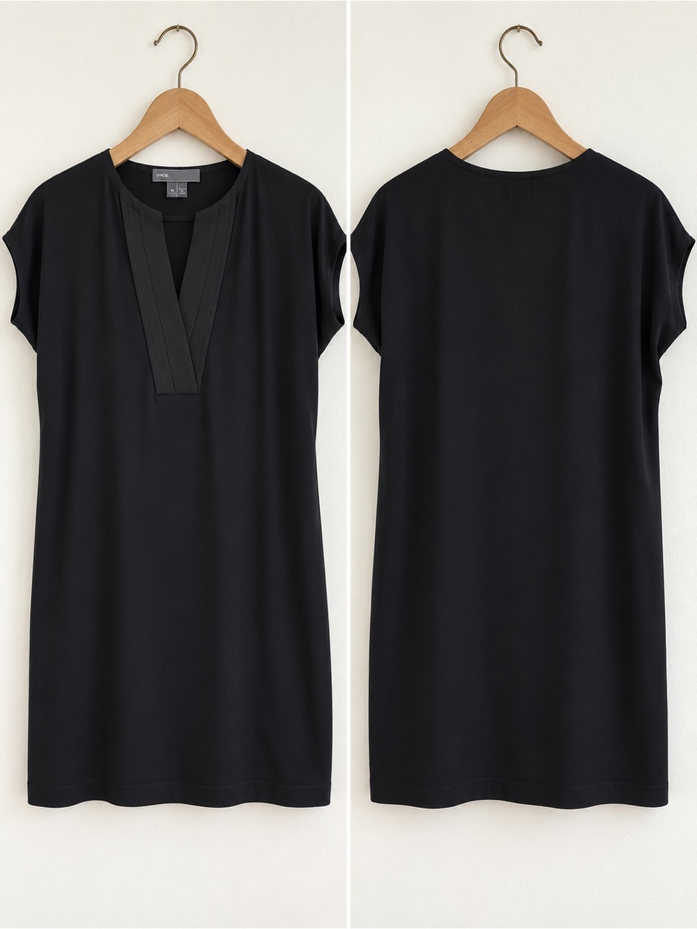 Vince Black V-Neck Shift Mini Dress M Silk Trim Quiet Luxury LBD